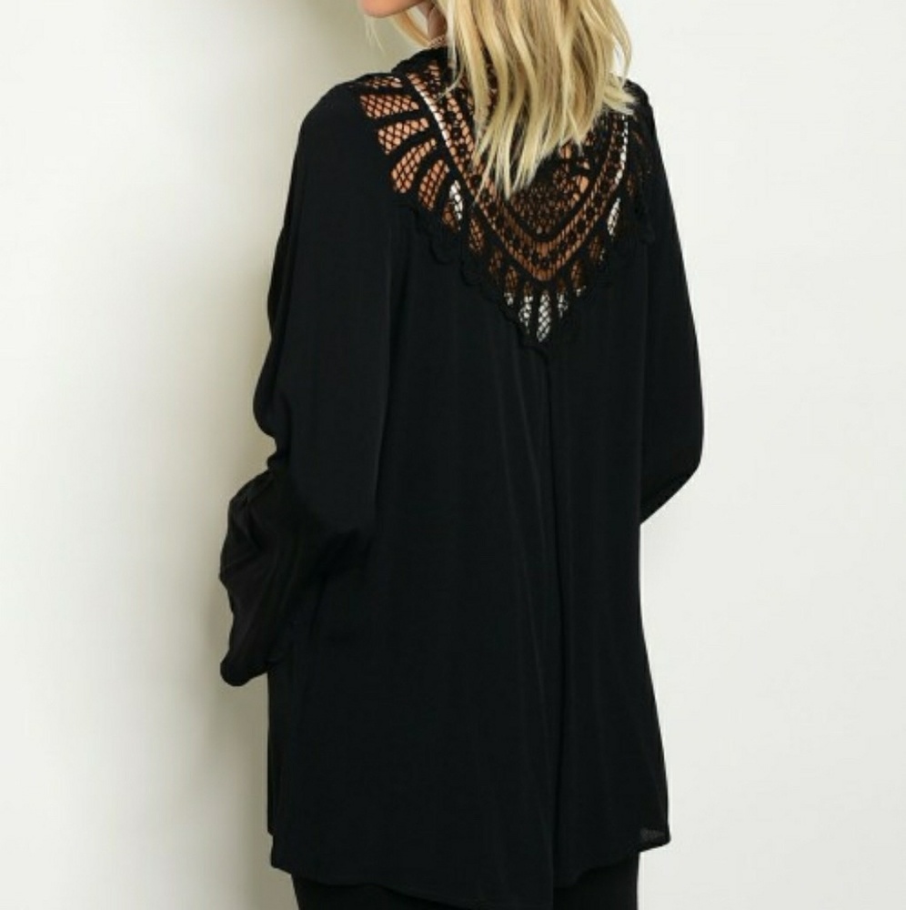 Black Open Front Cardigan Crochet Lace Back Detail